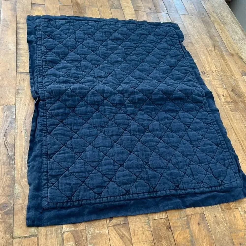 Pottery Barn Linen Quilted Pillow Sham Diamond Stitching Navy Blue Standard Size